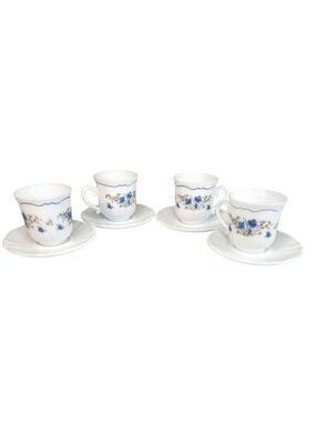 Arcopal France Demitasse Cups & Saucers Set Of 4 White With Blue Floral Design